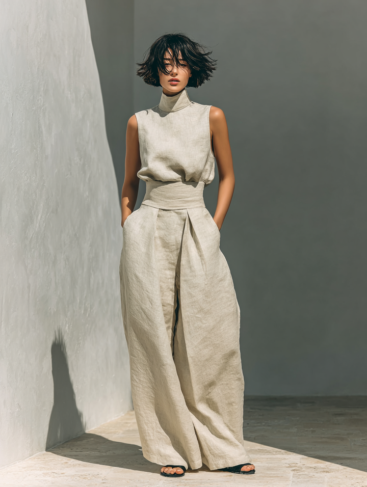 Maria™ | Completo con top senza maniche e pantaloni larghi in cotone e lino