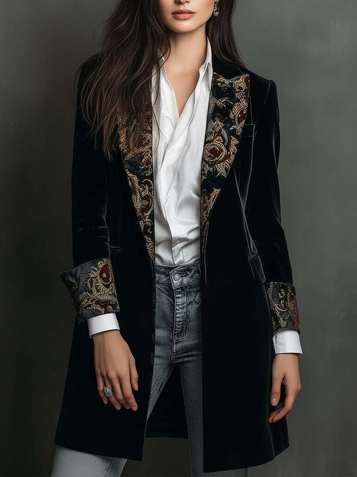 Blazer Slim Fit Nero con Stampa Barocca per Donna