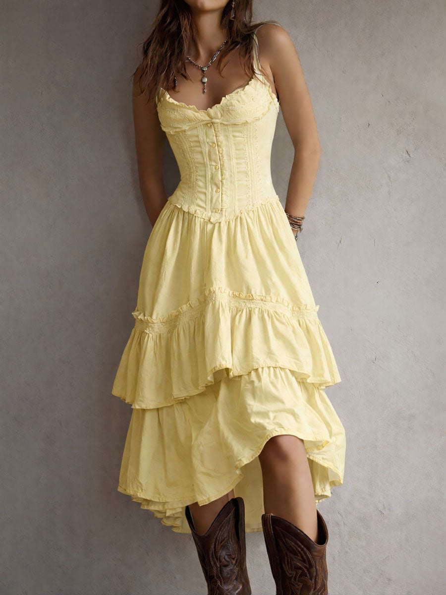 Abito Midi con Corsetto a Strati in Stile Retro Boho con Pizzo