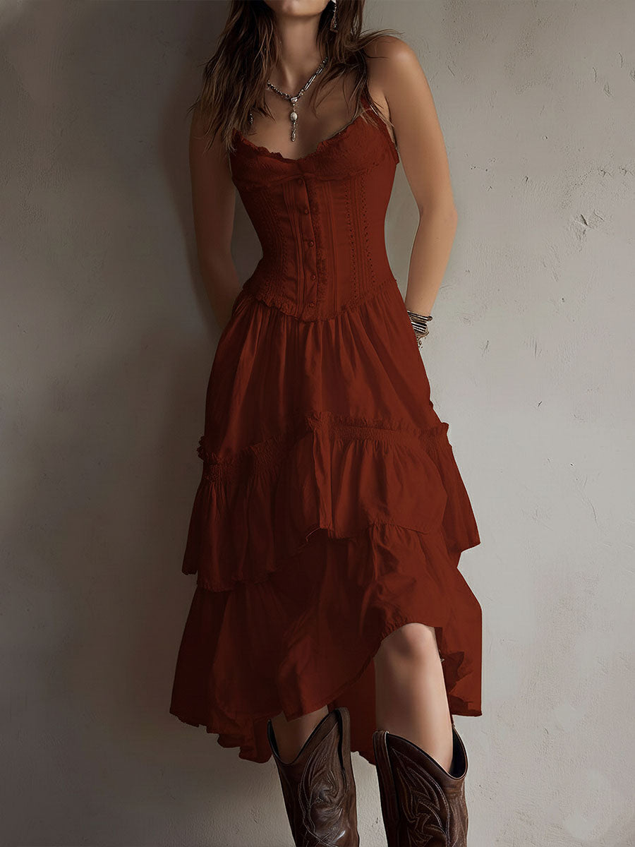 Abito Midi con Corsetto a Strati in Stile Retro Boho con Pizzo