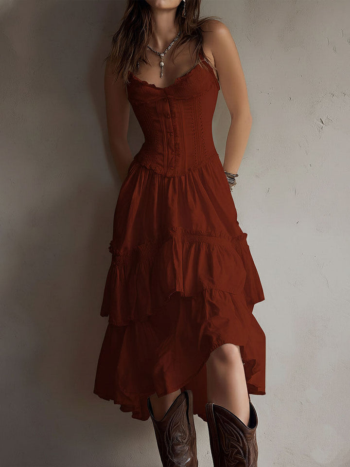 Abito Midi con Corsetto a Strati in Stile Retro Boho con Pizzo