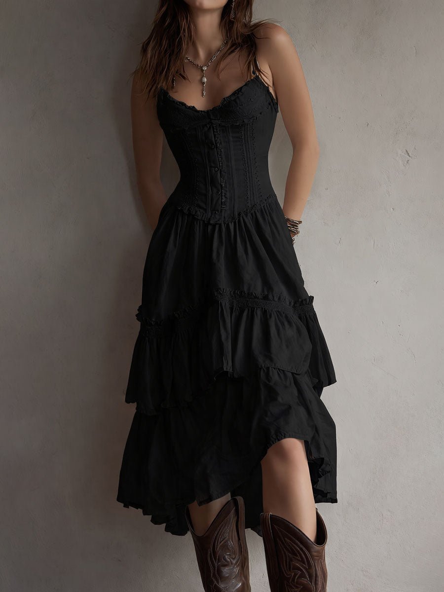 Abito Midi con Corsetto a Strati in Stile Retro Boho con Pizzo