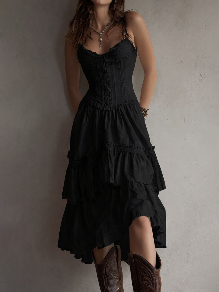 Abito Midi con Corsetto a Strati in Stile Retro Boho con Pizzo