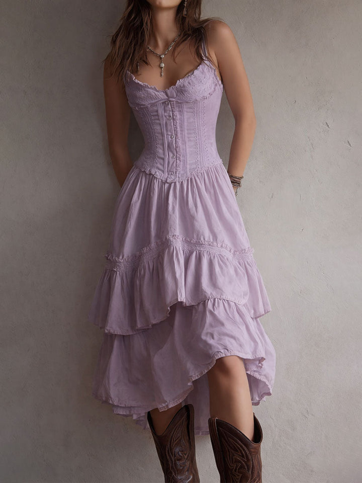 Abito Midi con Corsetto a Strati in Stile Retro Boho con Pizzo