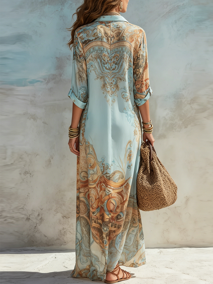 Abito Maxi in Chiffon Blu Floreale Barocco