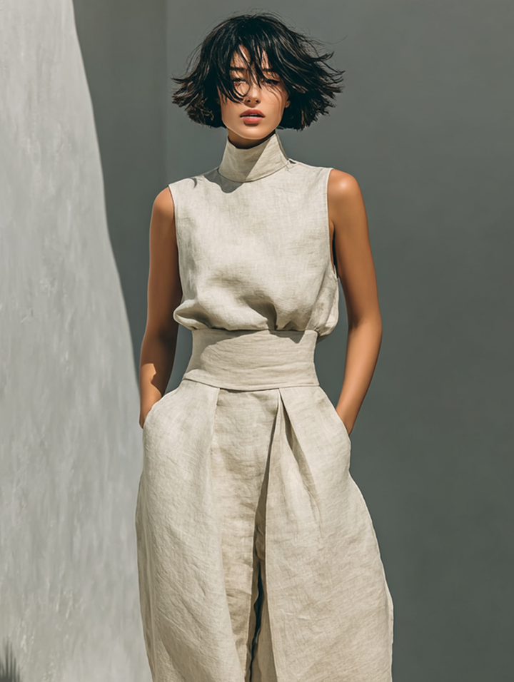 Maria™ | Completo con top senza maniche e pantaloni larghi in cotone e lino