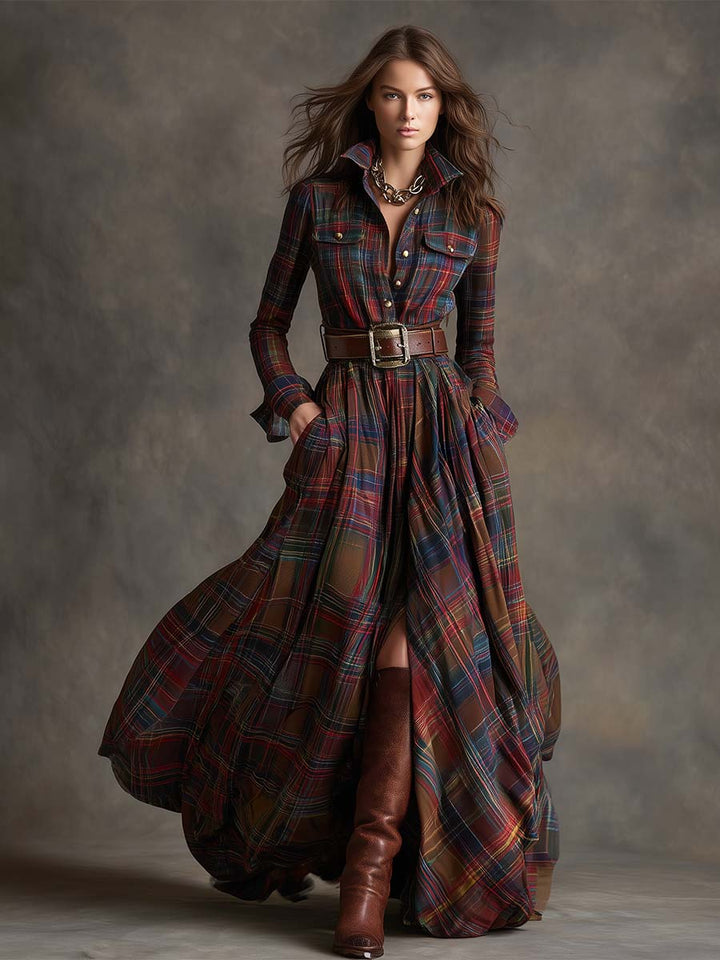 Scarlett | Abito Camicia Lungo a Quadri con Maniche Lunghe e Cintura
