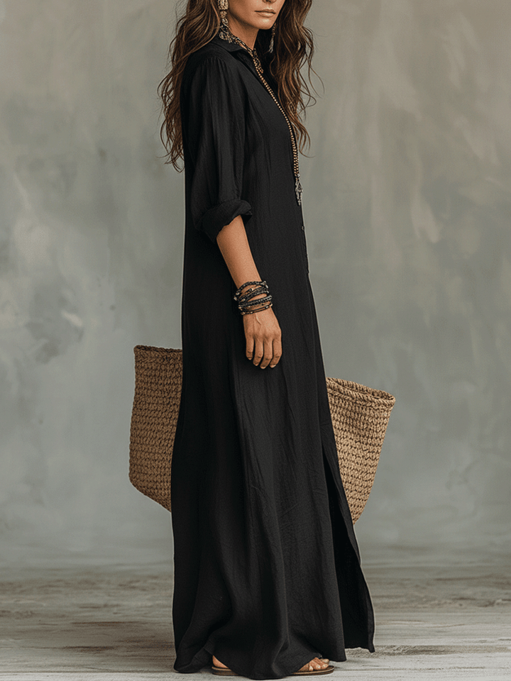 Vestito Maxi Bohemien con Bottoni Frontali Neri