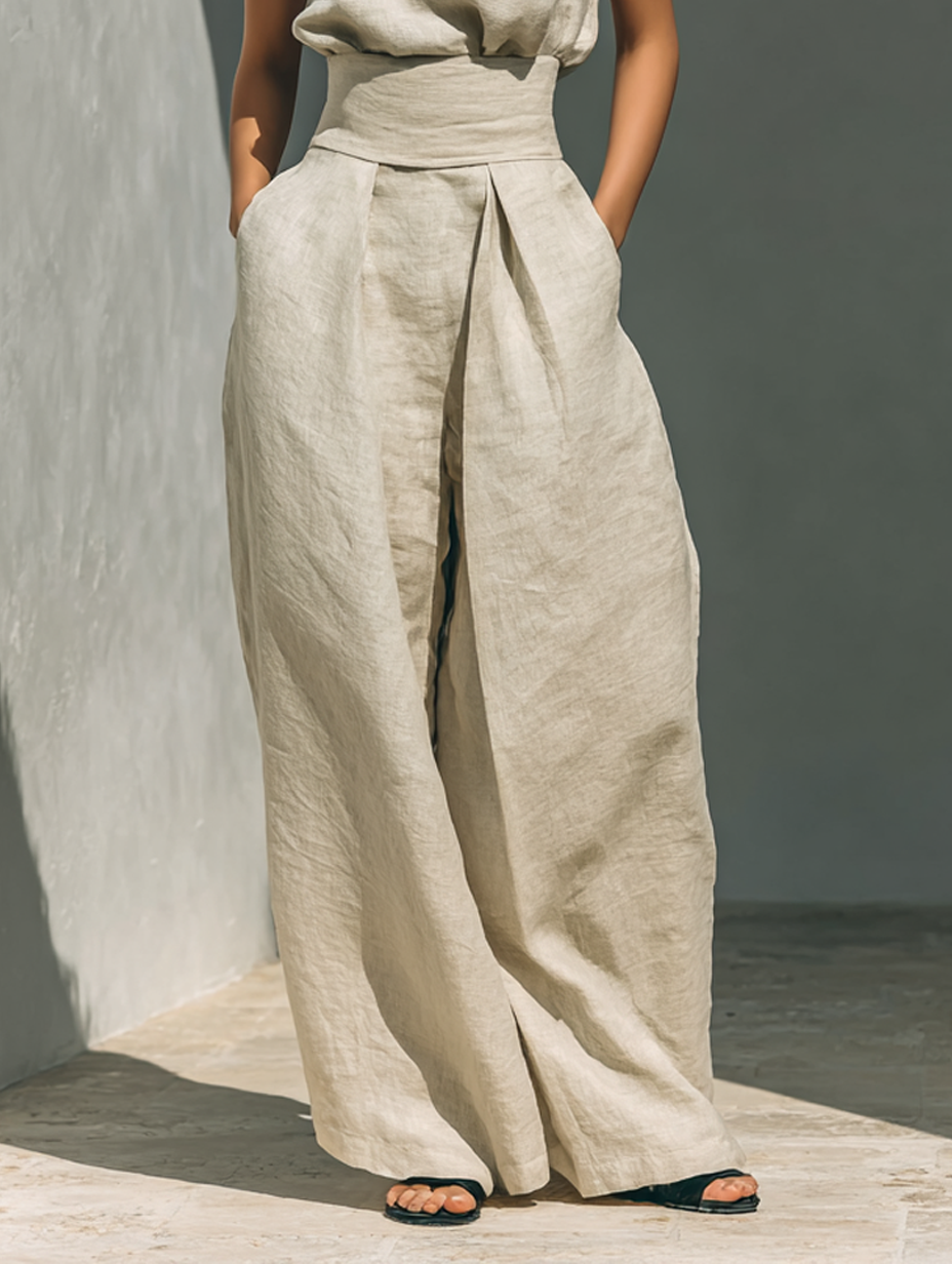 Maria™ | Completo con top senza maniche e pantaloni larghi in cotone e lino
