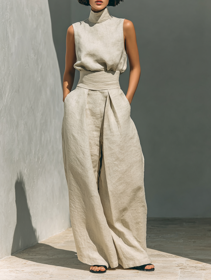Maria™ | Completo con top senza maniche e pantaloni larghi in cotone e lino