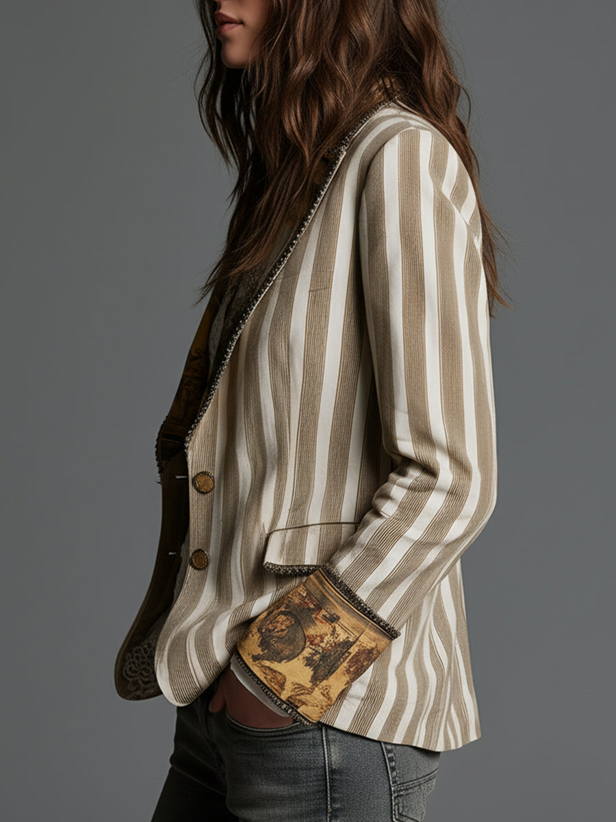 Blazer Donna Boho Striped Stampato con Rever