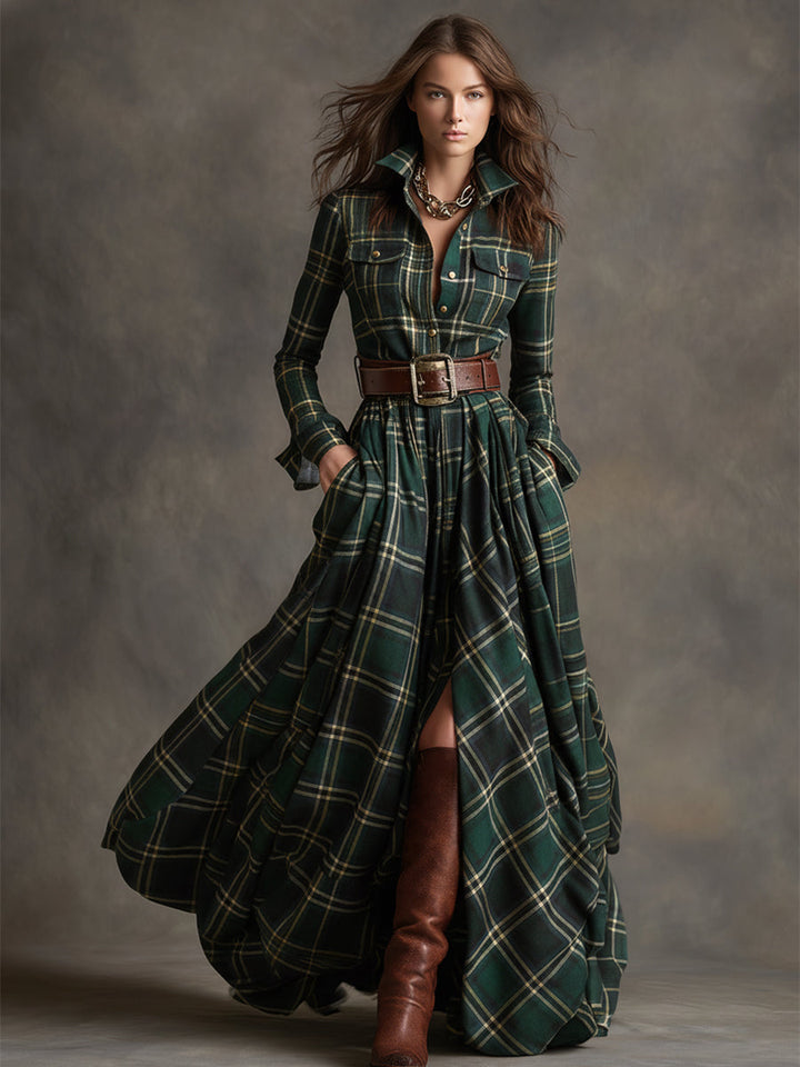 Scarlett | Abito Camicia Lungo a Quadri con Maniche Lunghe e Cintura