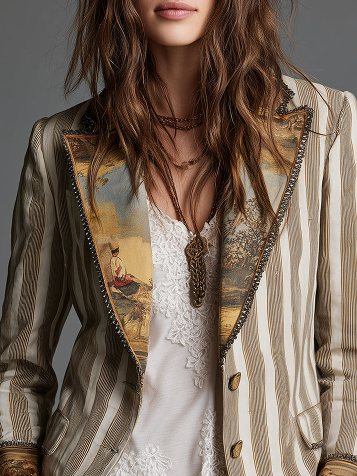 Blazer Donna Boho a Righe Stampato con Rever