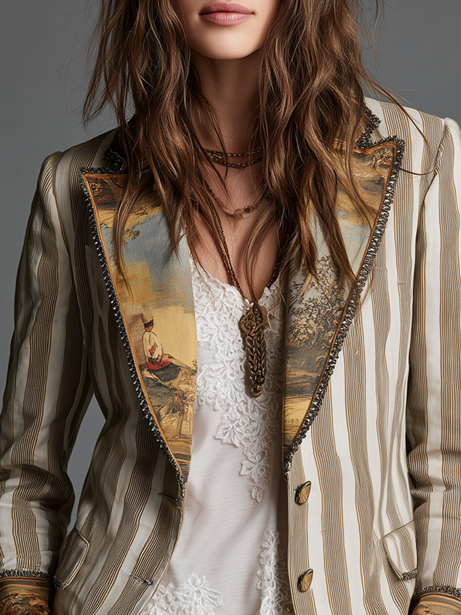 Blazer Donna Boho Striped Stampato con Rever