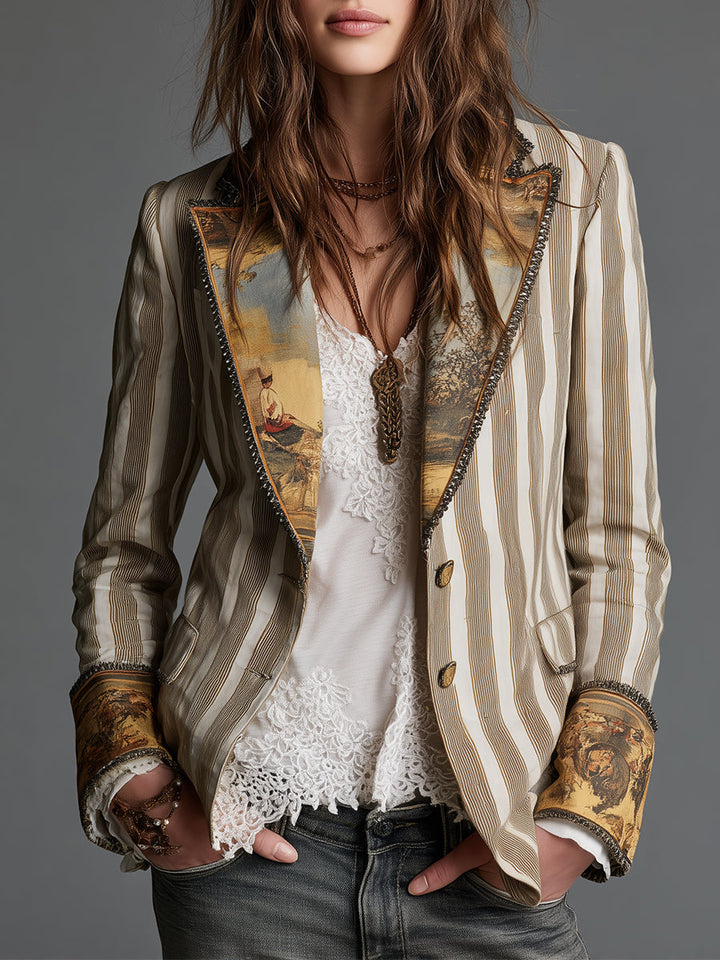 Blazer Donna Boho Striped Stampato con Rever