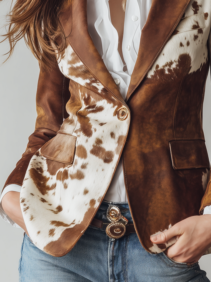 Blazer Eco-Friendly in Stile Vintage con Stampa di Mucca per Donne