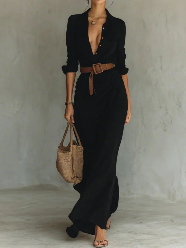 Camille™ | Vestito Maxi con Rever e Cintura in Vita