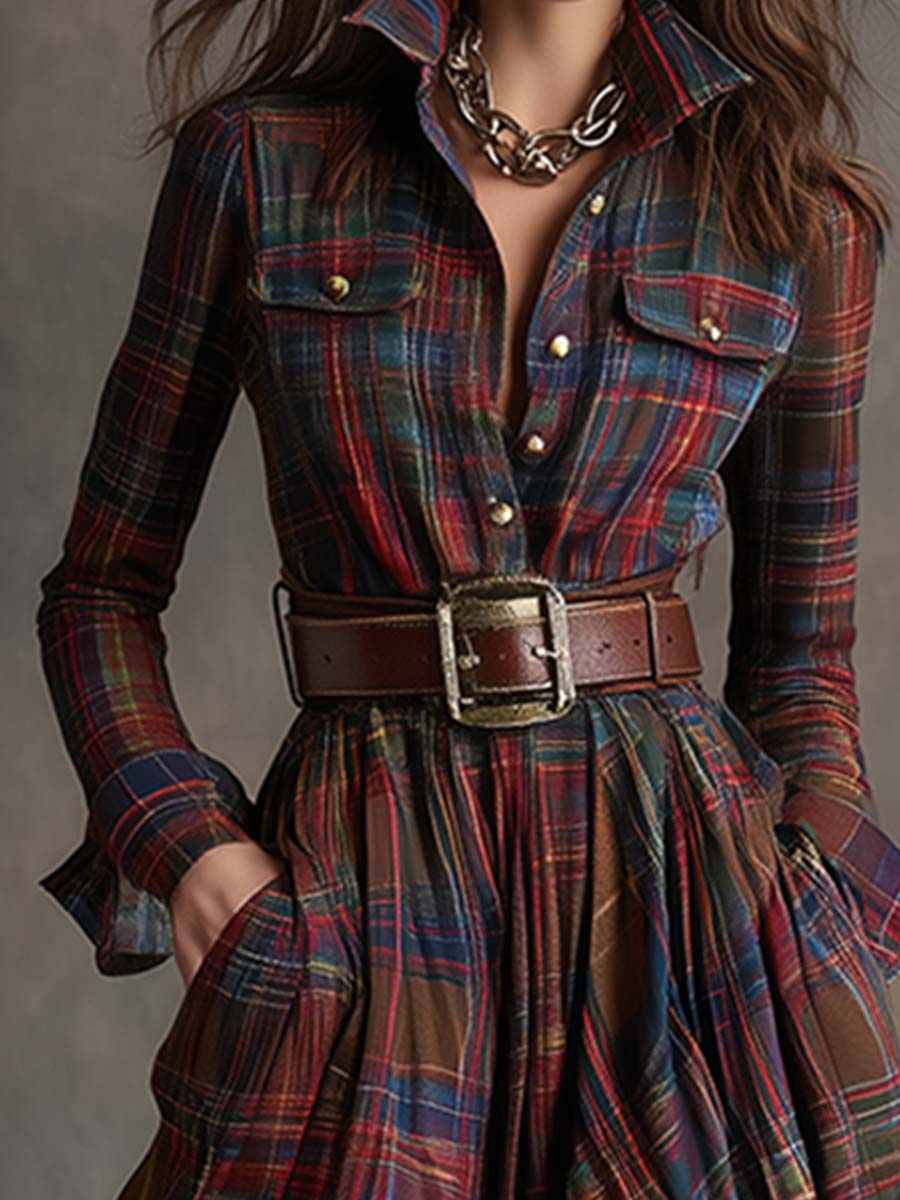 Scarlett | Abito Camicia Lungo a Quadri con Maniche Lunghe e Cintura