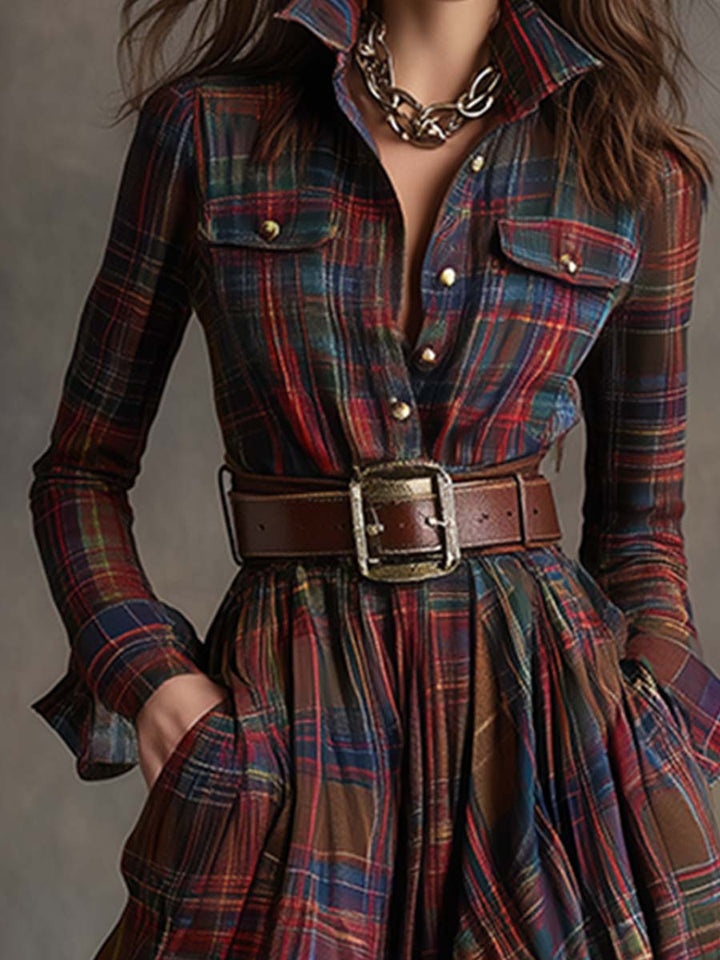 Scarlett | Abito Camicia Lungo a Quadri con Maniche Lunghe e Cintura