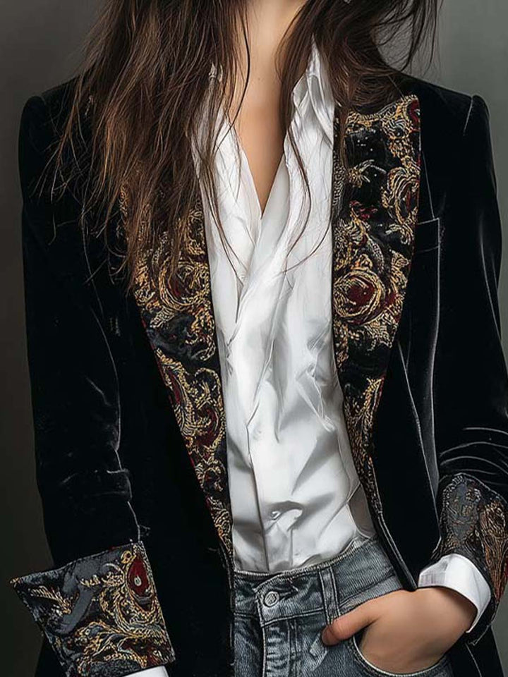 Blazer Slim Fit Nero con Stampa Barocca per Donna