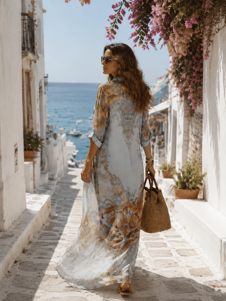 Abito Maxi in Chiffon Blu Floreale Barocco