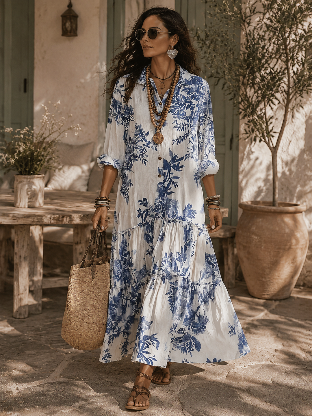 Abito Maxi Bohemien Blu con Stampa Floreale