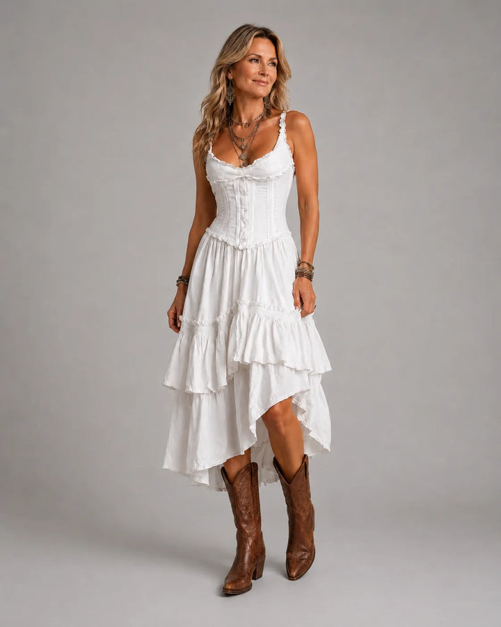 Abito Midi con Corsetto a Strati in Stile Retro Boho con Pizzo