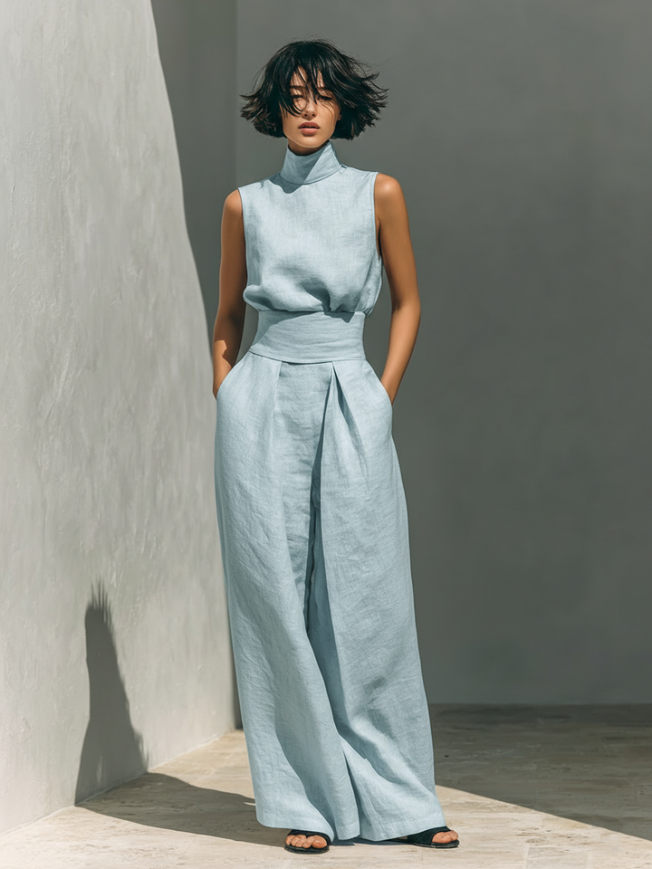 Maria™ | Completo con top senza maniche e pantaloni larghi in cotone e lino