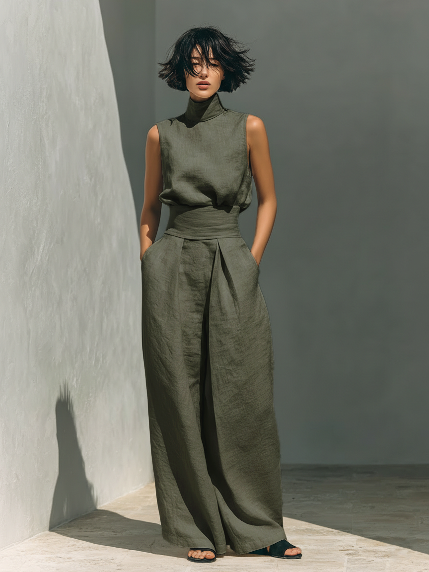 Maria™ | Completo con top senza maniche e pantaloni larghi in cotone e lino