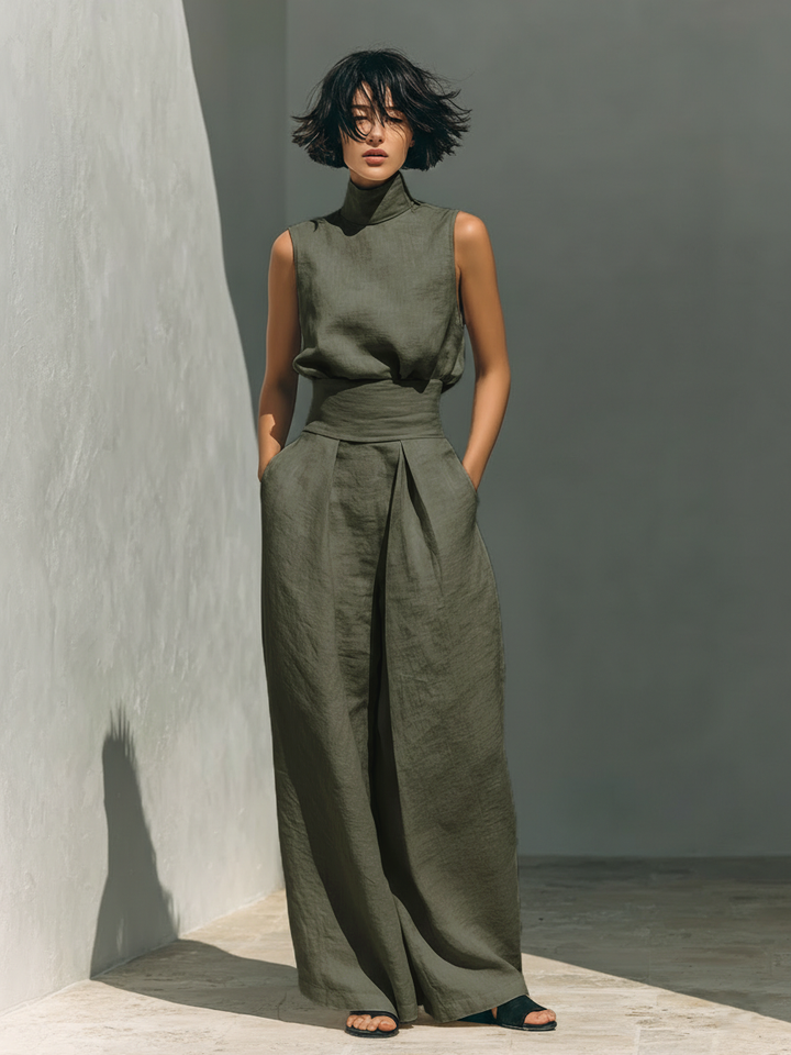 Maria™ | Completo con top senza maniche e pantaloni larghi in cotone e lino