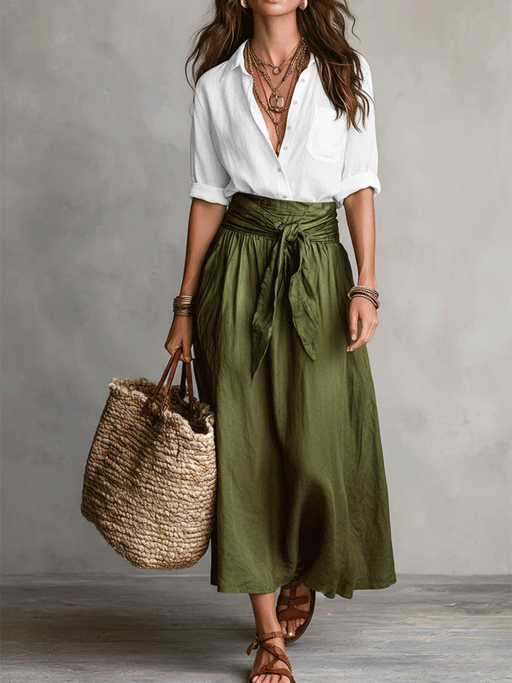 Vera – Completo di Due Pezzi: Maglietta Nera e Gonna Midi Verde Oliva