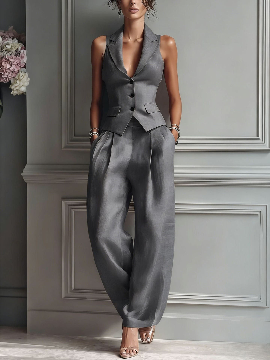 Completo di Due Pezzi per Donna con Scollatura a V e Bottoni