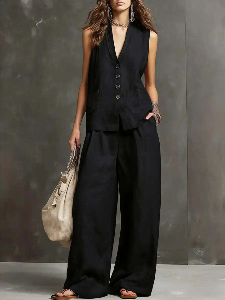 Completo di due pezzi in cotone e lino con gilet senza maniche e pantaloni a gamba larga