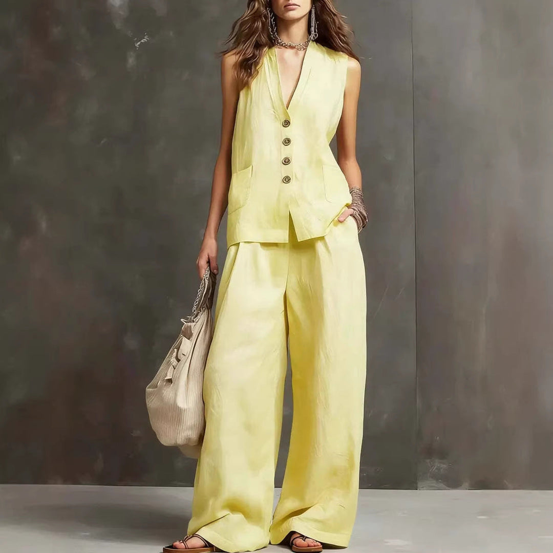 Completo di due pezzi in cotone e lino con gilet senza maniche e pantaloni a gamba larga