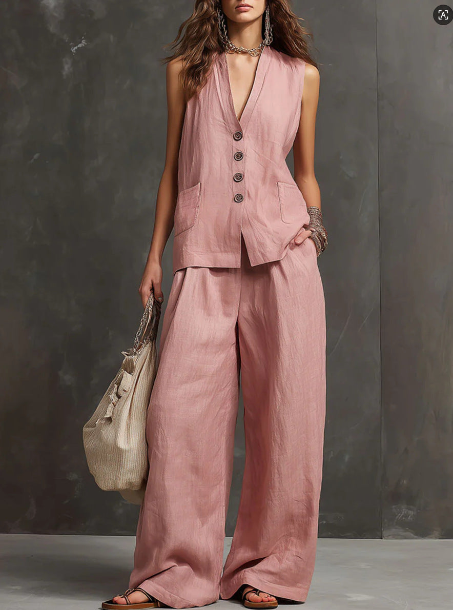 Completo di due pezzi in cotone e lino con gilet senza maniche e pantaloni a gamba larga