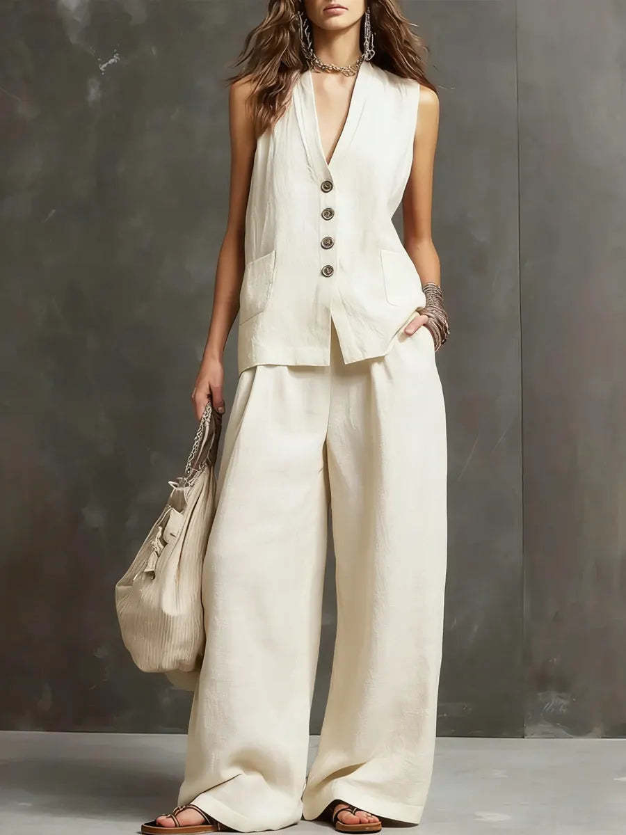 Completo di due pezzi in cotone e lino con gilet senza maniche e pantaloni a gamba larga