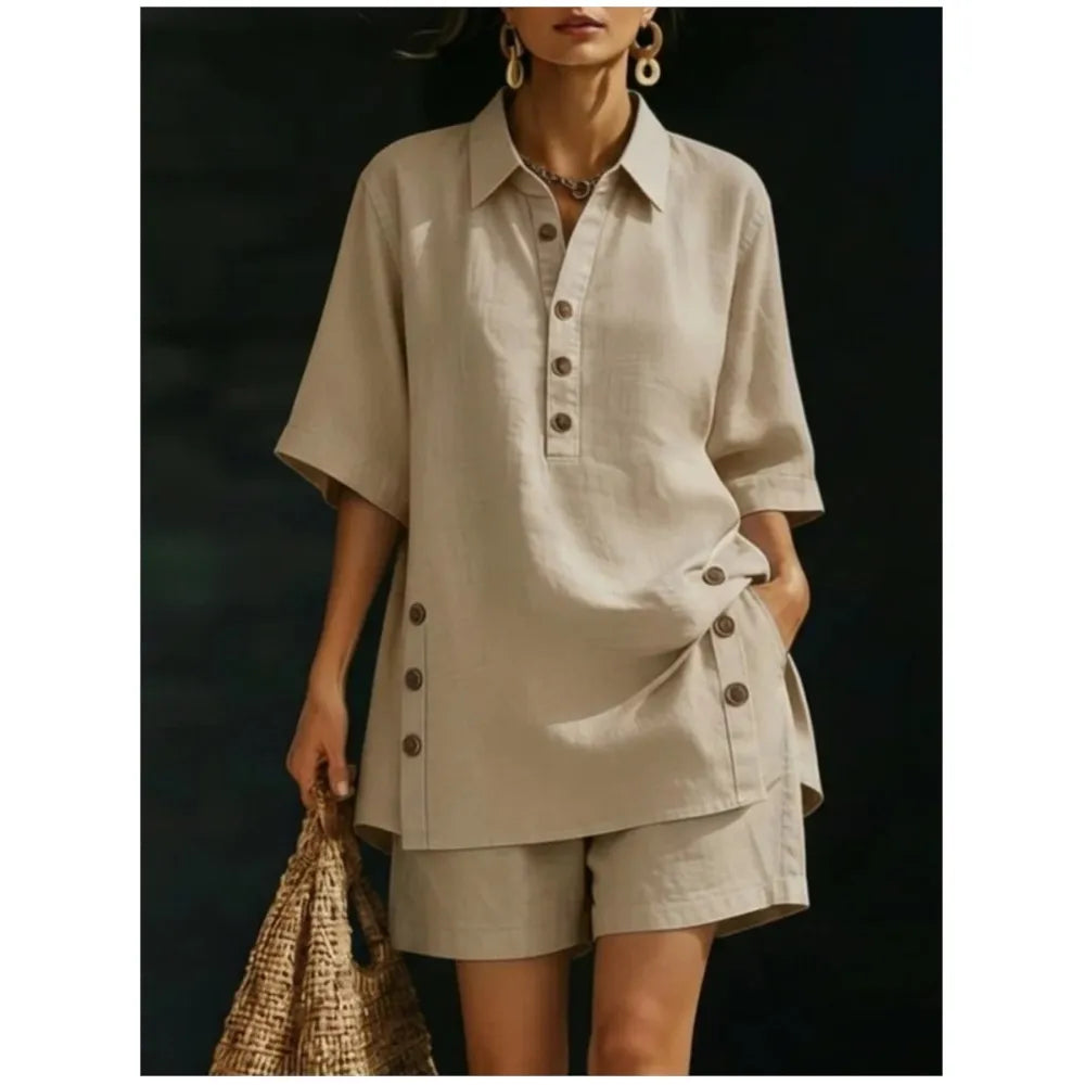 Solena | Camicia a maniche corte con colletto a revers e pantaloni con tasche laterali