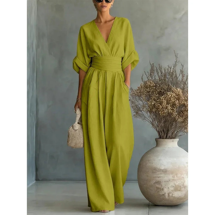 Viana | Eleganti Pantaloni a Vita Alta con Scollatura a V e Gamba Larga