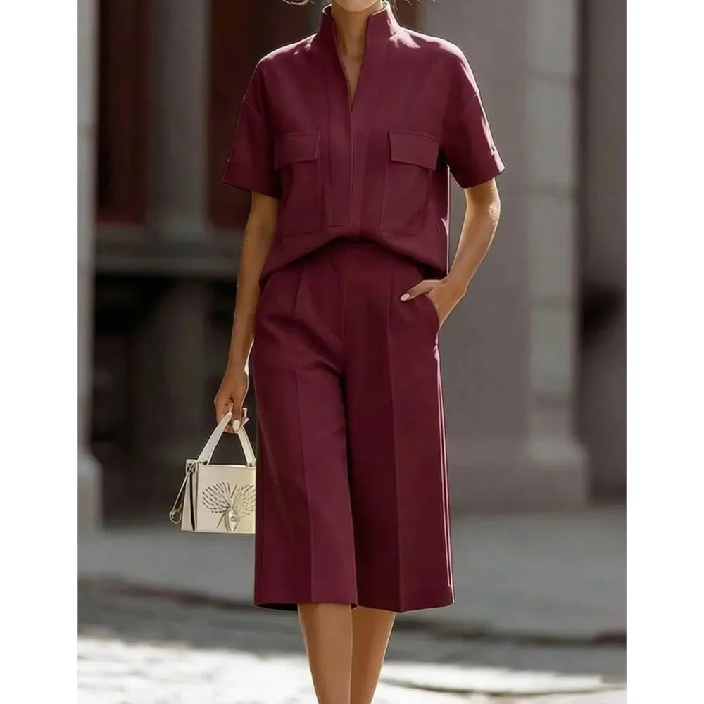 Luisa | Camicia a Maniche Corte con Collo e Pantaloni Corti Casual