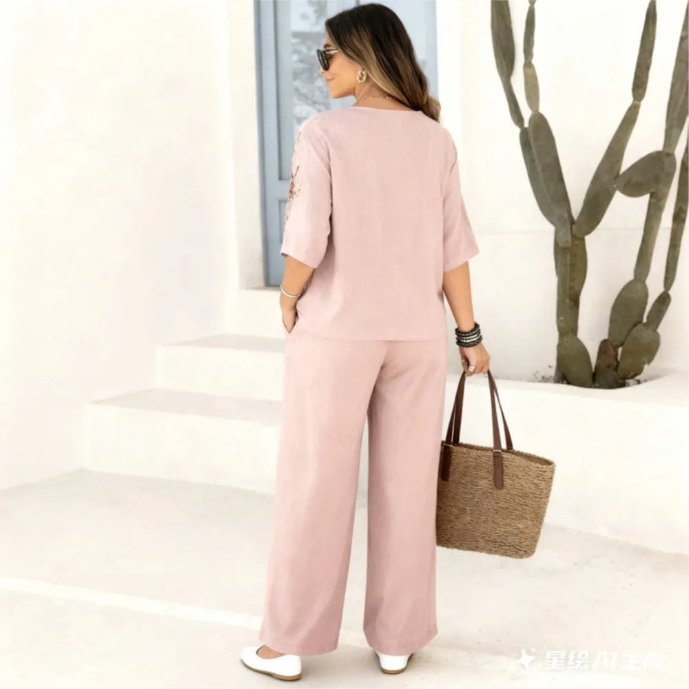 Felena | Completo di Pantaloni Ampi Ricamati Eleganti