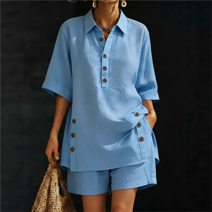 Solena | Camicia a maniche corte con colletto a revers e pantaloni con tasche laterali