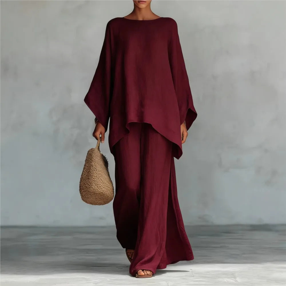 Lovina | Set di Pantaloni in Lino a Gamba Larga e Lunga con Maniche Lunghe