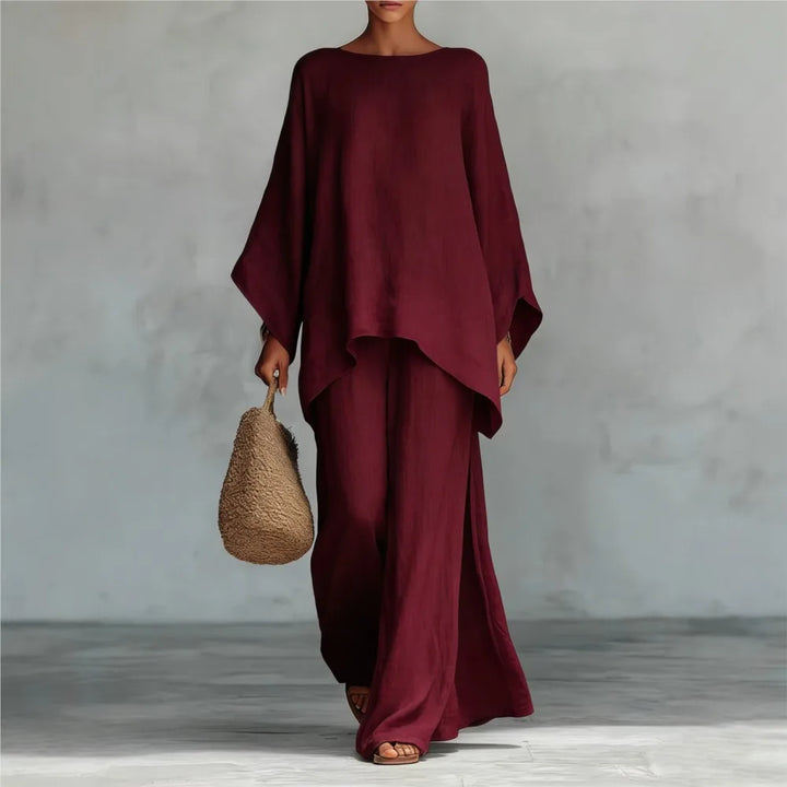 Lovina | Set di Pantaloni in Lino a Gamba Larga e Lunga con Maniche Lunghe