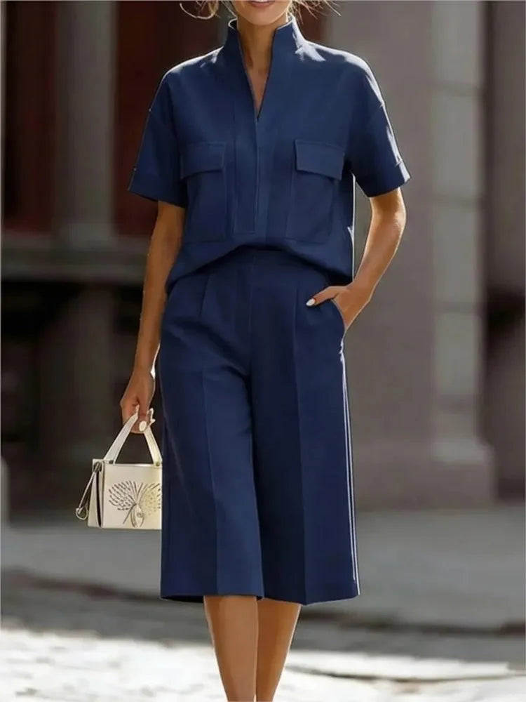 Luisa | Camicia a Maniche Corte con Collo e Pantaloni Corti Casual