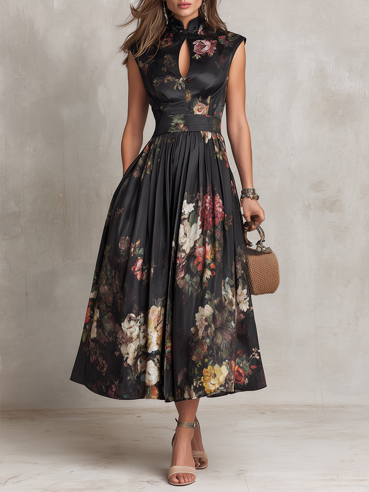 Abito Midi in Satin Pieghettato Floreale con Collo a Ovale Nero