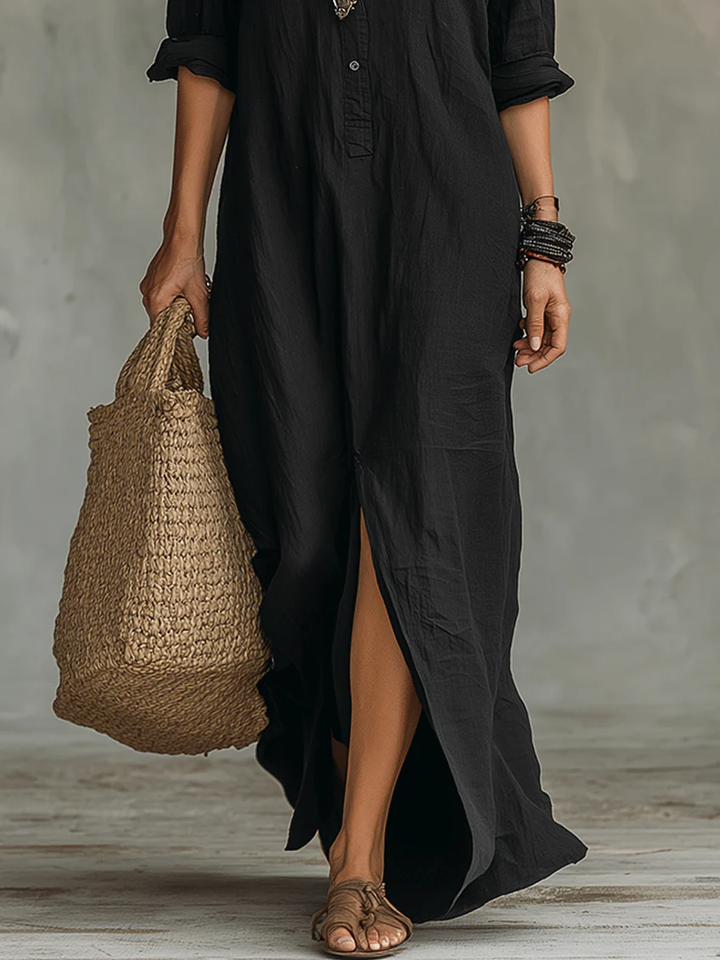 Soline™ | Vestito Maxi Nero Largo con Bottoni