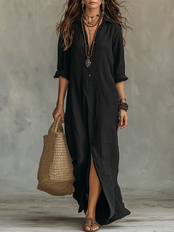 Soline™ | Vestito Maxi Nero Largo con Bottoni