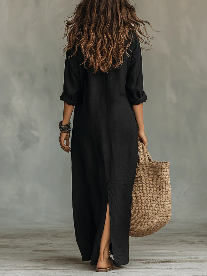 Soline™ | Vestito Maxi Nero Largo con Bottoni