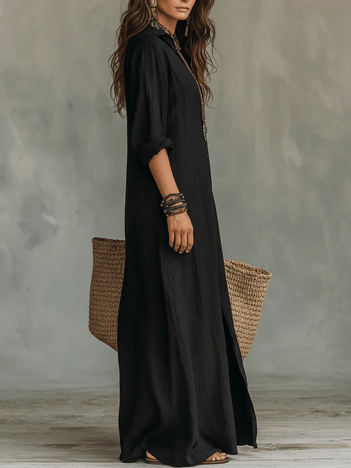 Soline™ | Vestito Maxi Nero Largo con Bottoni