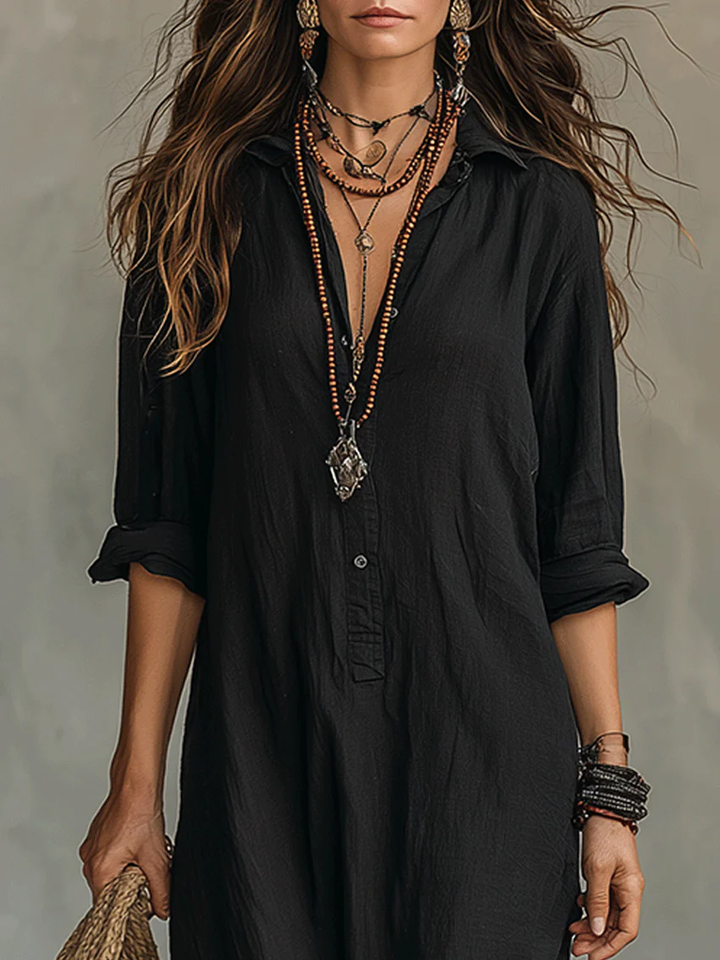 Soline™ | Vestito Maxi Nero Largo con Bottoni